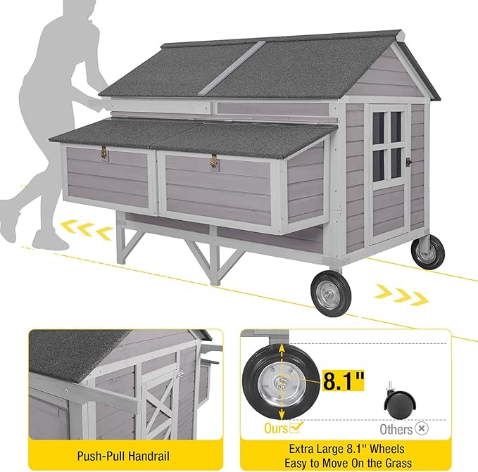 Aivituvin Chicken Coop Mobile Wooden Hen House with Nesting Box,Large Poultry Cage Upgrade with Strong Iron Frame,Durable & Waterproof