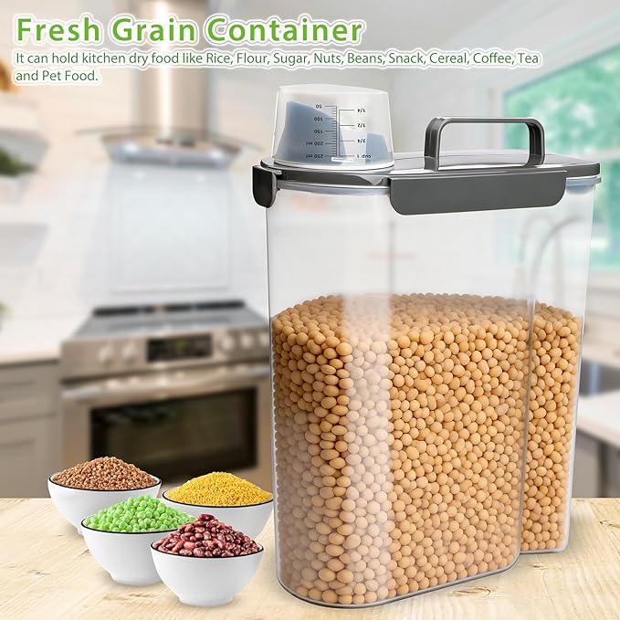 Rice Storage Container, 10 to 20lb Dry Food Airtight Dispenser, Pet Dog Cat Food Canister, BPA Free Clear Plastic Kitchen and Pantry Bin for Oatmeal, Cereal, Pasta, Flour Pack of 2 Grey