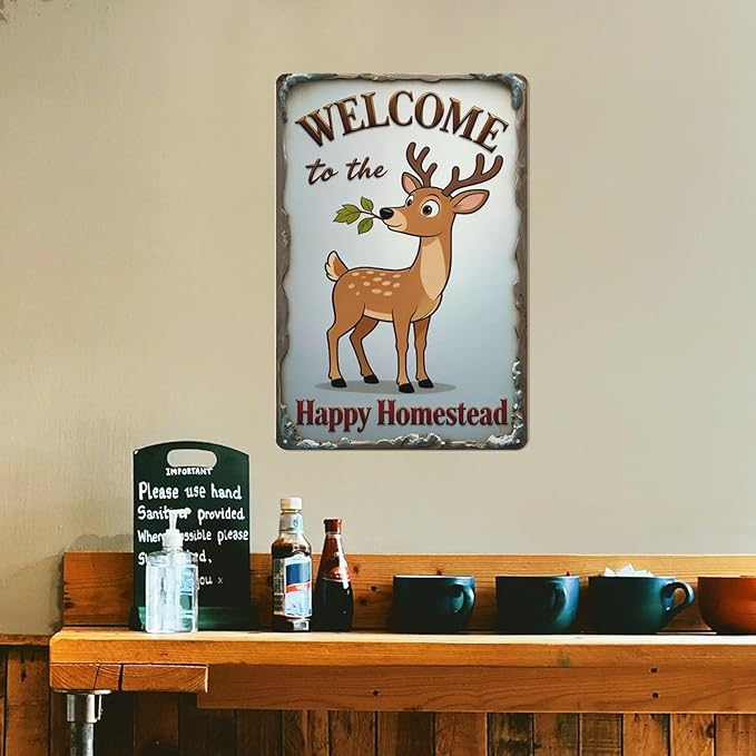 Deer Metal Tin Sign 12x8 Inch – “Welcome to the Happy Homestead” Vintage Farmhouse Wall Decor Wall Art Plaque for Porch Entryway Home