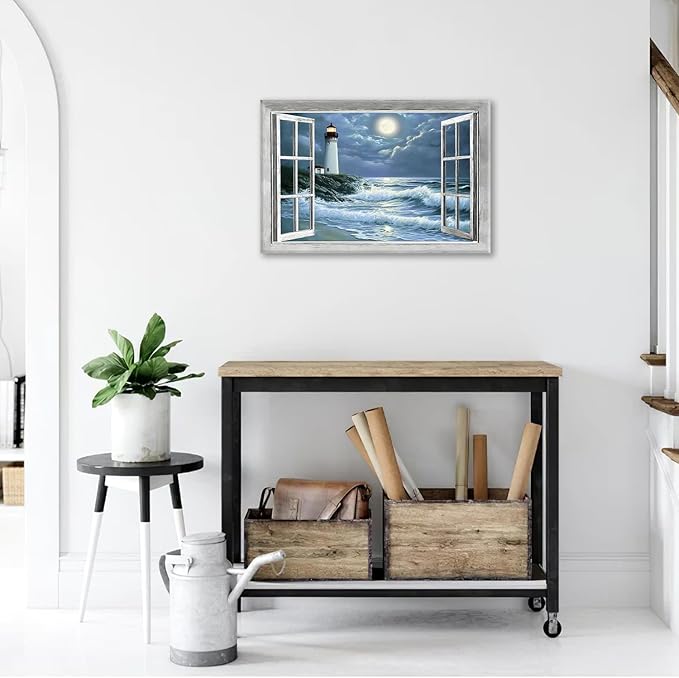 Lighthouse Nautical Wall Art Coastal Beach Pictures Wall Decor Ocean Canvas Prints Window Decorations Painting Framed Artwork Office Home Decor For Bathroom Bedroom Dining Living Room 24"x16"