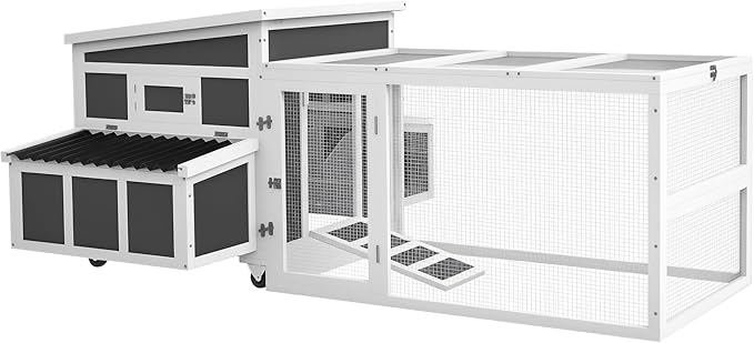 PawHut Wooden Chicken Coop, Chicken Tractor with Large Run for 6 Chickens, Outdoor Poultry Cage Rabbit Hutch Duck Coop Hen House with Nesting Box, Tray, Windows, Dark Gray