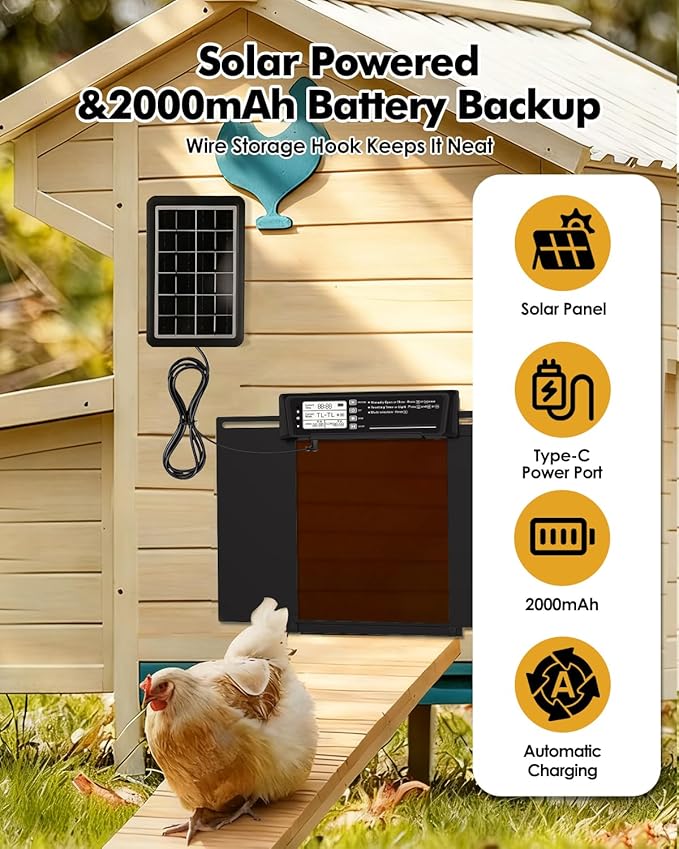Automatic Chicken Coop Door Solar Powered,Aluminum Alloy Auto Door, Timer & Light Sensor, LCD Display, Remote Control, Anti-Pinch & Weatherproof Design, 4 Working Modes,Dual Horizontal Opening