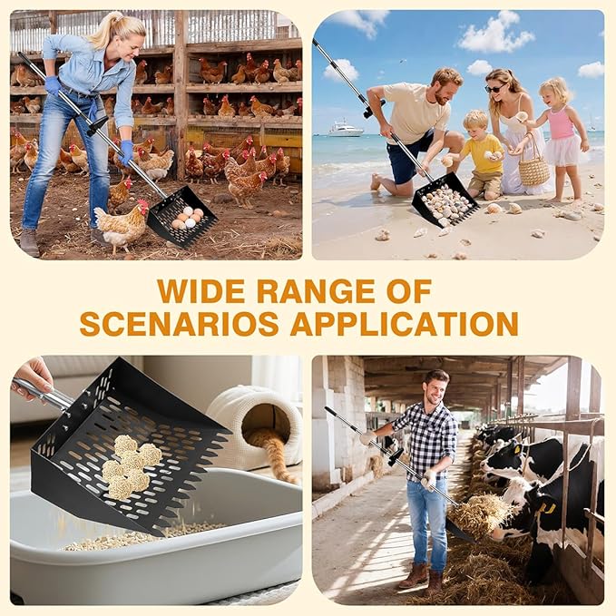 Chicken Poop Scooper for Sand 2-in-1 with Ergonomic Grip, 22 to 64" Adjustable Handle for Chicken Coop Scoop, Large 10 Inch Litter Sifting Shovel with Rake, Cleaning Tools for Coops & Animal Farm