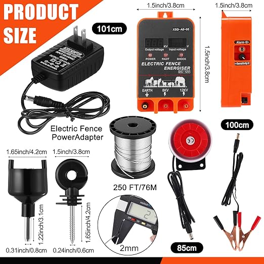 5.5J Electric Fence Charger with Digital Display & Alarm, AC/DC Dual Power, 12V Input 8KV/12KV Output, 250ft Aluminum Wire 50 Insulators & Socket Tool for Animal Control Predator Deterrent