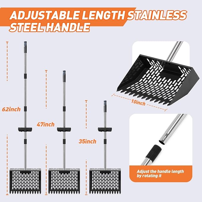 3-in-1 Chicken Poop Scooper & Sifting Shovel, 304 Stainless Steel Handle & Rake, Suitable for Sand, Chicken Coop & Livestock Farm Feces Cleaning, Litter Sifting Shovel (Feces Sifter), 35-62"