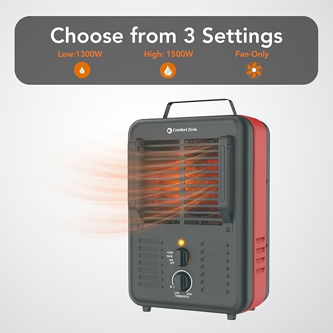 Comfort Zone 1500W Milkhouse Style Electric Utility Heater – Portable Workshop & Garage Space Heater with Adjustable Thermostat, 2 Heat Settings & Fan – All-Metal Heavy-Duty Design – Yellow/Black