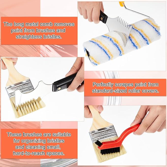 5 Pieces Multi-function Paint Roller Cleaner Tool 2 Pcs Paint Scrapers Brush Comb 3 Pcs Stainless Steel Brass Plastic Bristle Brushes for Cleaning Rust Corrosion Dirt