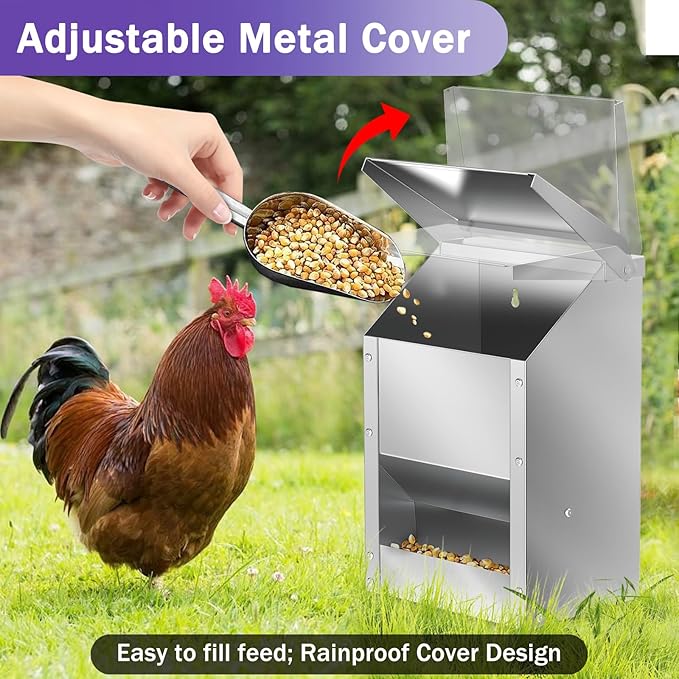 Stainless Steel Chicken Feeders 12 Lbs No Waste Poultry Feeder with Lid Weatherproof Metal Hanging Chicken Feeder, Coop Food Dispenser No Waste for Chicken & Duck
