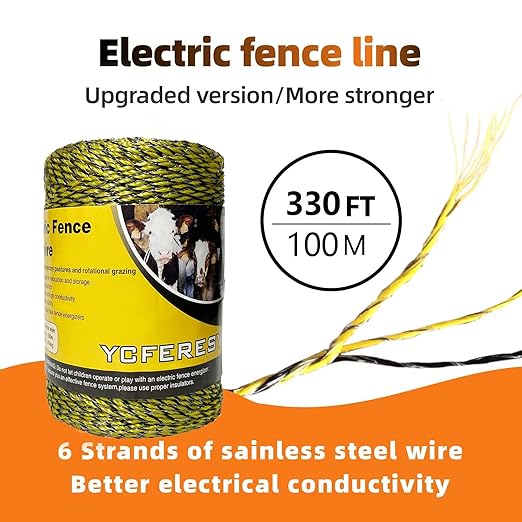 Upgraded Electric Fence Poly Wire 330 Feet 100 Meters and 50 Pcs Black Electric Fence Insulator Screw-in Insulator Fence Ring Wood Post Insulator