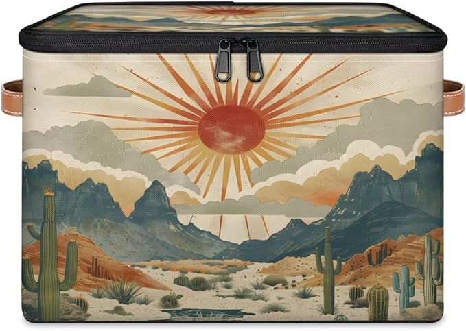 Cactus Storage Bins with Lids, Desert Sunset Fabric Storage Boxes with Zipper, Collapsible Decorative Closet Organizer Cube for Clothes, Organizing, Shelves