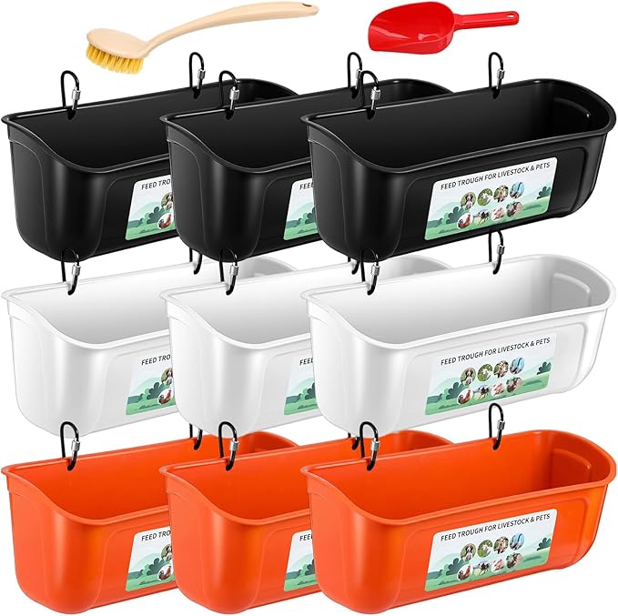 9 Pack Chicken Duck Feeder Waterer Hanging Goat Feeder Trough 2.5 Quart Livestock Feeding Trough with Scoop & Brush for Pig, Poultry, Fence Feeding, 22.5 Quart Total (White, Orange, Black)