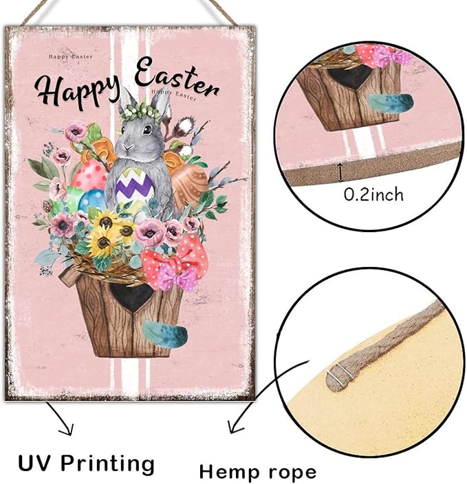 Wood Sign French Style Floral Pink Stripes Sign Happy Easter Flower Basket Bunny Wooden Door Hanging Signs Farmhouse Easter Decor Happy Spring Wall Decor Sign for Living Room 8x12in