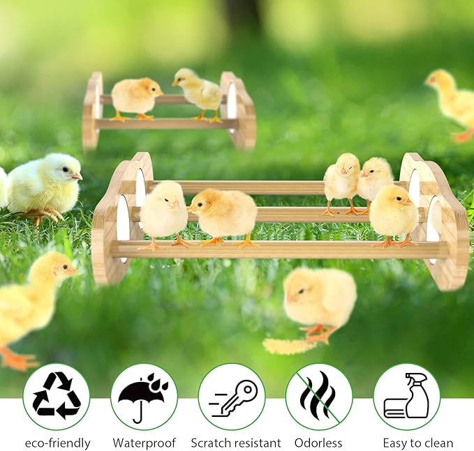 Bamboo Chick Perch with Mirror and Mini Roosting Bar Set for coop and brooder(2 Pack), Training Perch for Large Bird, Hens, Parrots, Macaw, Easy to Assemble and Clean,Fun Toys for Chicken