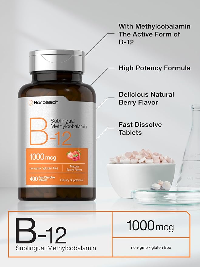 Horbaach Vitamin B12 1000 mcg Sublingual | 400 Fast Dissolve Tablets | Methylcobalamin Supplement for Women and Men | Berry Flavor | Vegan, Non-GMO, and Gluten Free