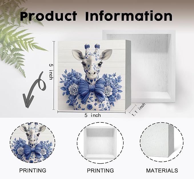 Blue and White Chinoiserie Giraffe Wooden Signs,Grand Millenial Bow Blue Giraffe Floral Home Decor Signs,Chinoiserie Porcelain Desk Decorations,Farm Animal Office Bathroom Decor