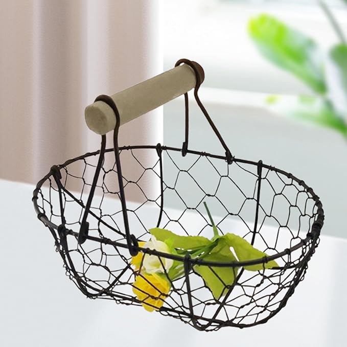 Metal Wire Egg Basket, Iron Storage Basket Farmhouse Kitchen Organizer Rustic Retro Vegetables Basket Oval for Tabletop Home, Black
