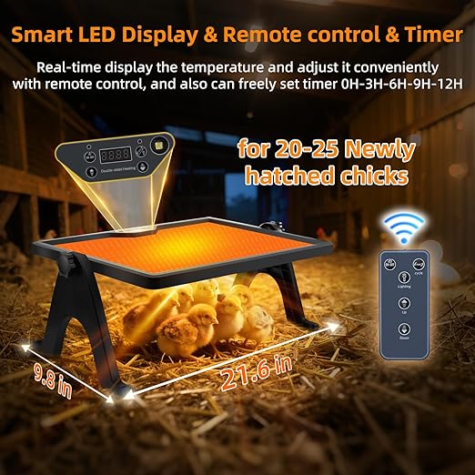 Brooder Plate for Chicks, Smart Chick Coop Heater Plate, Can Be Used for 25 Chickens,Chick Brooder Plate with Remote Control, Adjustable Temperature, Height and Angle, Coop Poultry Heating