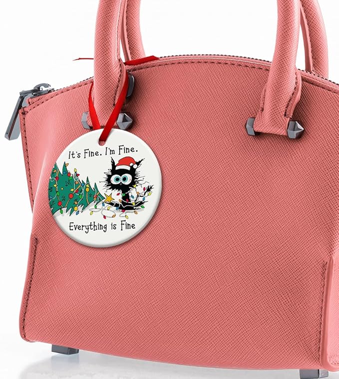 Funny Christmas Hanging Ornaments, Black Cat Tree Ornament, Gifts for Cat Lovers - It's Fine I'm Fine