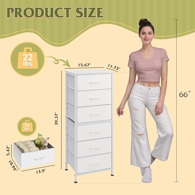 WLIVE White Tall Dresser for Bedroom, 6 Drawer Dressers & Chests of Drawers, Fabric Dresser for Closet, Living Room, Night Stand with Metal Frame, Storage Tower with Fabric Bins, Wood Top