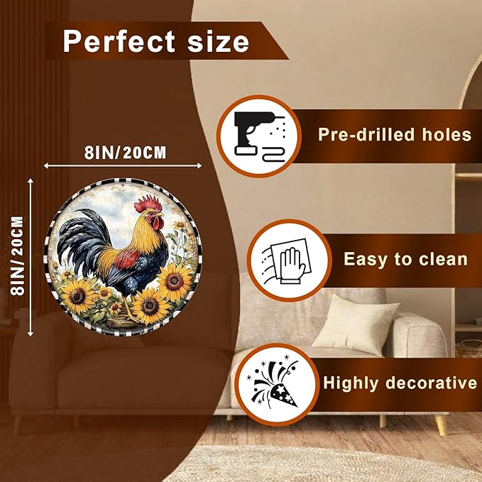 Chicken Round Metal Tin Sign Wreath Rustic Farm Rooster Animal Vintage Wall Art Decor for Home Kitchen Bar Decor 8x8inch