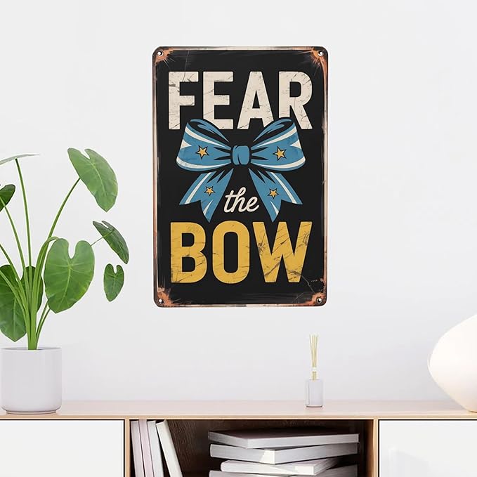 Retro humor wall art sign featuring Cheerleading Cheer Fear The Bow Metal Tin Sign School Gym Decor Perfect For Hanging In Bedroom Locker Room Rustic 8x12 inch metal sign for home bar wall decor