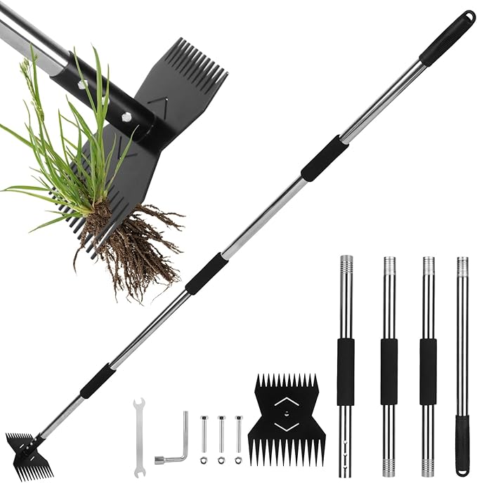 Garden Weed Tool,Portable Gardening Weeder Tool,63" Weeding Tools Gardening long Handle,24-Claw Steel Head Design - Easy weeding without bending or squatting down,Suitable for farm planting,gardening