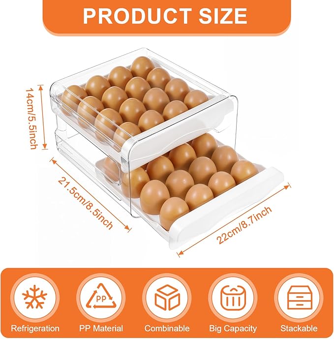 Clear 32 Egg Holder for Fridge, Egg Storage for Refrigerator, Egg Container for Refrigerator, Household Egg Holder for Fridge, Stackable Egg Container and Egg Dispenser for Refrigerator with Drawers