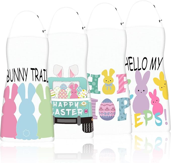 Easter Aprons Set of 4, Colorful Bunny & Easter Eggs Design - Kitchen Aprons for Adults & Kids, Easter Decorations for Home Indoor, Egg Collecting Apron, Bunny Gift & Festive Table Decor