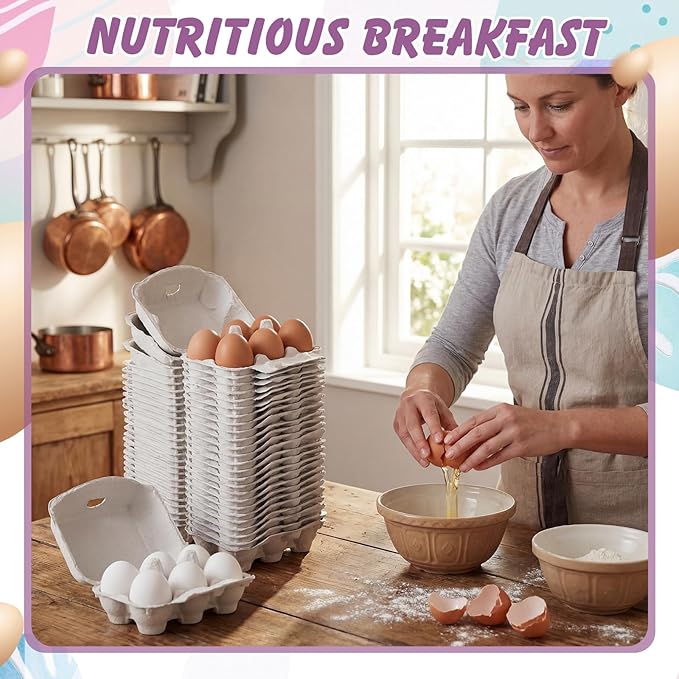 24 Pcs Half Dozen Easter Egg Cartons White Egg Holder Natural Pulp Paper for Chicken Eggs with Macaron Color Label Ribbon for Easter Gift, Arts and Crafts Reusable