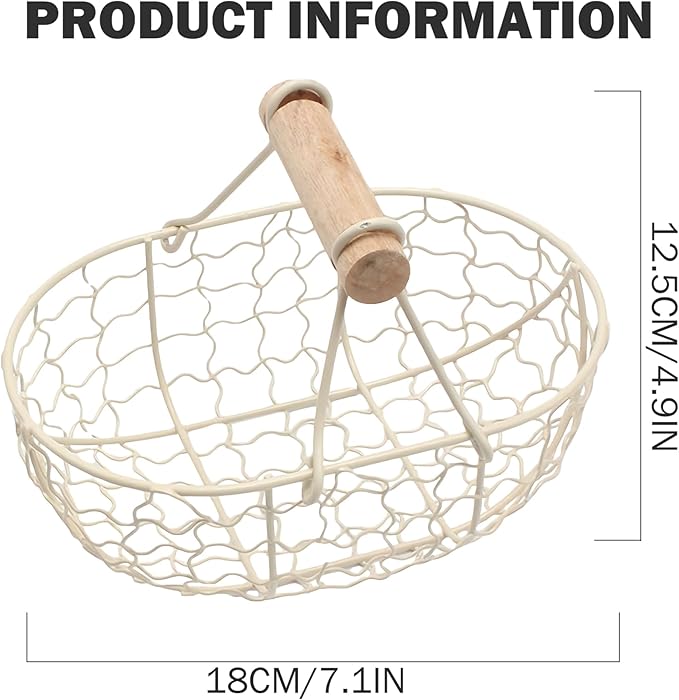 Egg Basket, Small Farmhouse Wire Basket with Wooden Handle Rustic Countertop Holder and Storage for Gathering Fresh Eggs, Homeused
