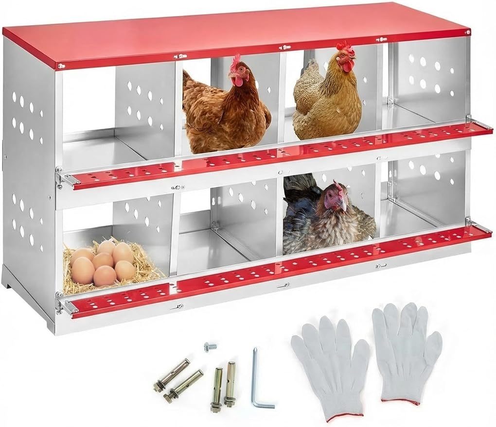 Heavy Duty Metal Chicken Nesting Box – 8 Compartments, Roll-Away Egg Tray, Pull-Out Cleaning Tray, Swing Perch, Wall Mount, Without Cover-Red, 128×48×71cm