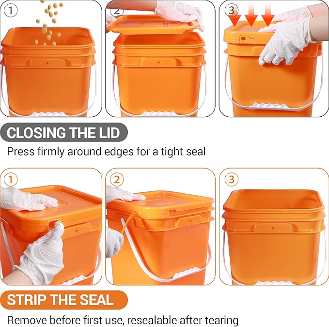 Food Storage Buckets with Lids - 4 Set Square Clear Plastic Containers, Airtight Pressure Seal & Handle for Kitchen Freezer Prep (Clear, 0.8 gal)