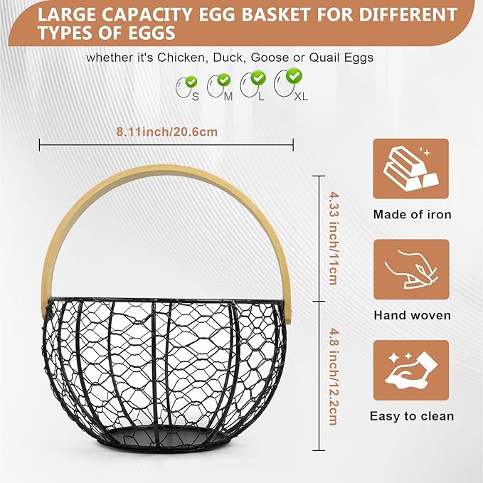 Wire Egg Basket for Gathering Fresh Egg Collecting Basket With Handle, Large Capacity Egg Holder Countertop, Metal Vintage Chicken Egg Basket for Farmhouse Kitchen Counter Decor Fruit Storage (Black)