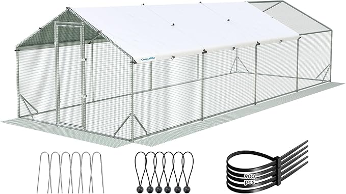 Quictent Advanced Series 24x9 ft Metal Chicken Coop Run with Side Hardware Cloth, Large Walk-in Outdoor Poultry Cage Heavy Duty Predator Proof Hen Duck Rabbit Farm Pen House, Waterproof Anti-UV Cover