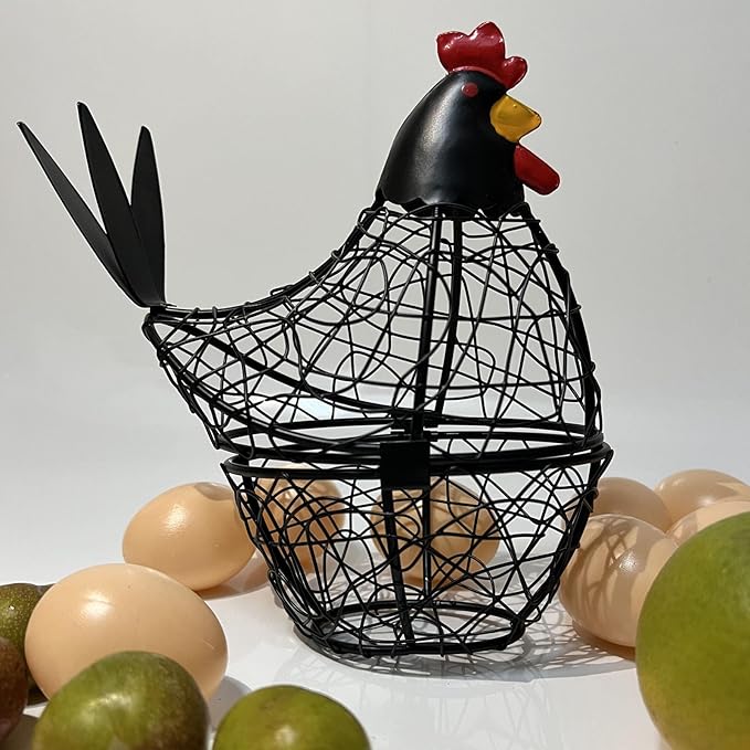 Chicken Wire Egg Basket Egg Holder Farmhouse Rustic Vintage Rooster Decor Chicken Shaped Egg Basket Fruit Storage Wire Basket For Collecting And Countertop Storing Egg (Black)
