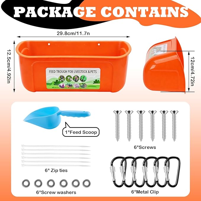 3 Pack Chicken Feeder, Duck Feeder Supplies, Hanging Fence Feed Trough with Clips for Goat, Sheeple, Piglet, Gooses, Turkeys, Dog Livestock Poultry, 8 Quarts in Total, Feed Scoop Included, Orange