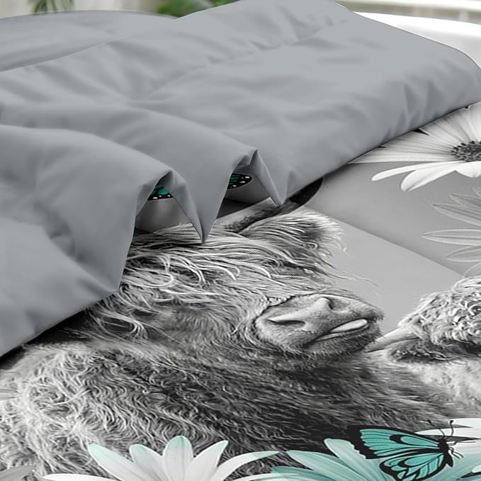 Comforter Set Full Size, Highland Cow Bull Animal 7 Pcs Bedding for Kids and Adults, Flower Daisy Farm Bed Sheet Sets with Fitted Sheet 2 Pillowcases & 2 Shams for Bedroom Bed Decor