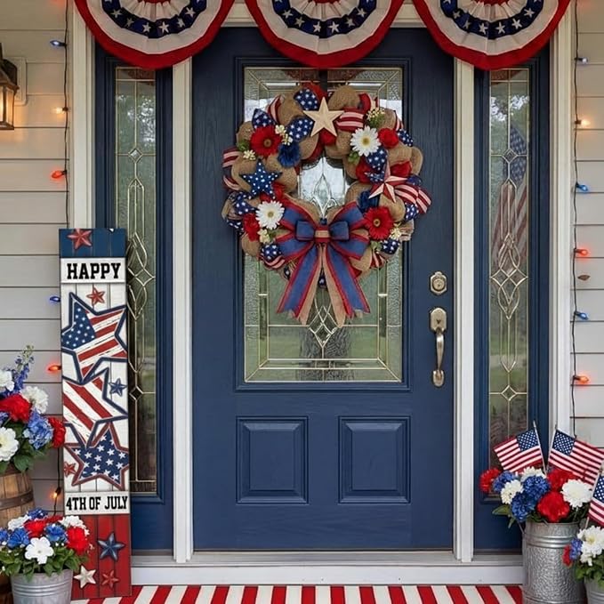 47" Large 4th of July Front Porch Sign Patriotic Wooden Vertical Door Sign with American Flag Colors Red White Blue Outdoor Decor for Independence Day 250th Anniversary Home Entryway