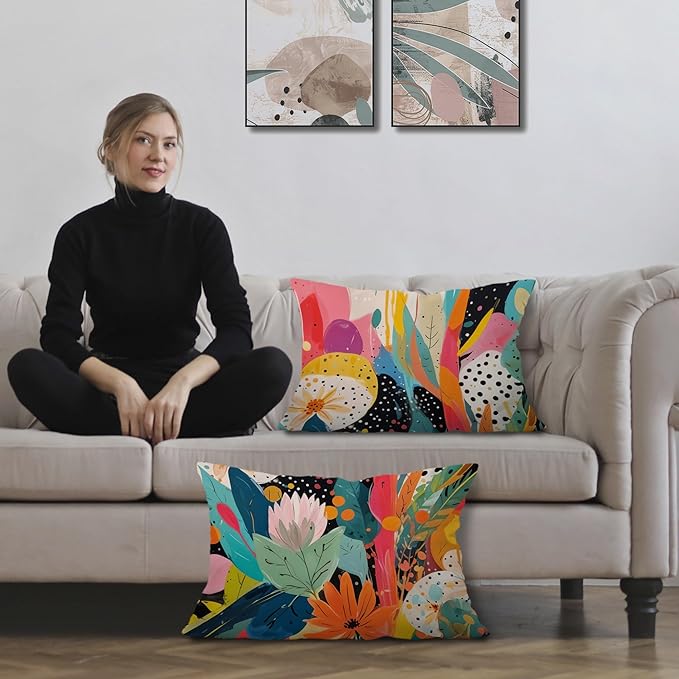 Abstract Boho Floral Pillow Covers 12x20 Set of 2, Maximalist Colorful Flower Botanical Lumbar Throw Pillow Covers for Home Bedroom Living Room, Modern Room Decor