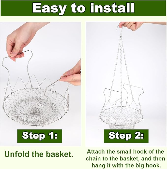 BOXOB Adjustable Hanging Chicken Feeder, Large Foldable Poultry Vegetable Fruit Chick Feeding Drinker Basket with Chain Chicken Treat Holder Coop Accessories Toy for Your Hens Ducks Rabbits