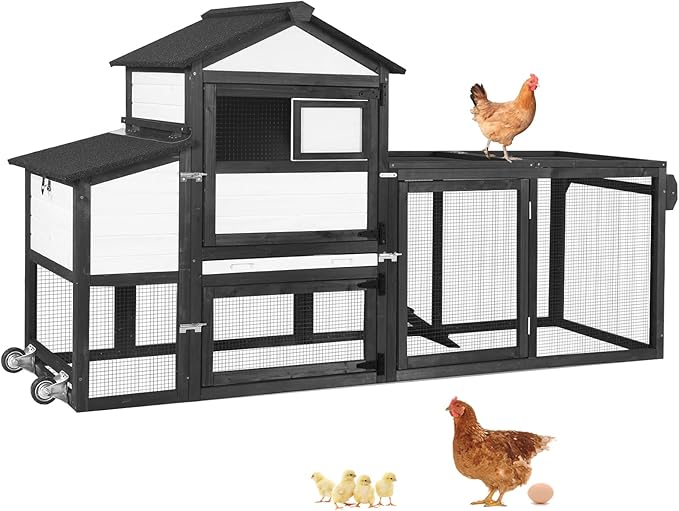 Aivituvin Mobile Chicken Coop with Wheels for 4-6 Chickens, Backyard Expandable Chicken House Duck Cage with Run, 2 Nesting Boxes, Easy Clean Pull-Out Tray, Leak-Resistant Asphalt Roof, 82.4"(Black)