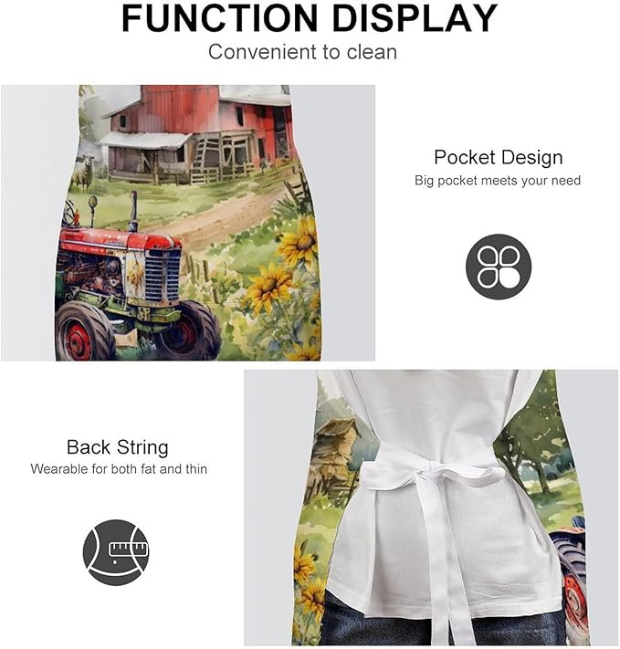 Vintage Watercolor Old Tractor Kitchen Apron, Oil Painting Western Farmhouse Harvest Farm Sunflower Tractor Apron