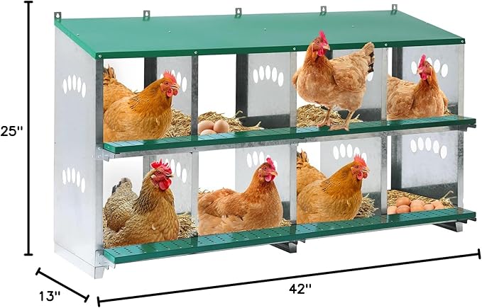 Chicken Nesting Box, 8 Compartment Metal Nesting Box, 8 Room Wall Mountable Nesting Boxes for Chicken with Swing Perch and Rollout Egg Collection