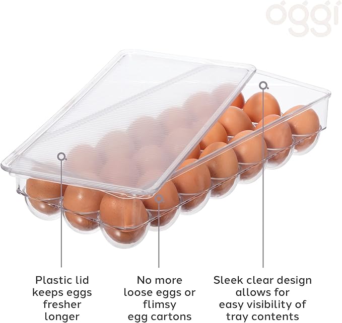 Oggi Stackable Covered Egg Holder - Kitchen Organization, Fridge Organizer, Food Storage, Clear Stackable Storage Bins, 21 Egg Tray