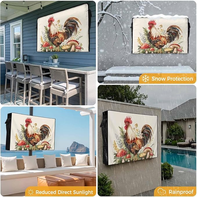 Waterproof Outdoor TV Cover 48 to 50 Inch, Retro Watercolor Farm Chicken Outside Flat Screen Televisions Weatherproof Cover Size 48"L x 30"H, Mushroom on Linen TV Protector With Zipper