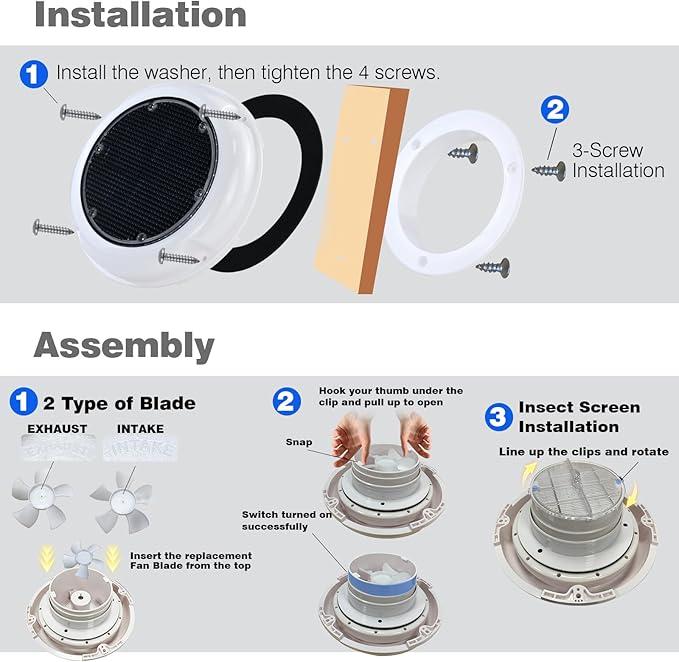 RV Roof Vent Fan, Solar Vent Fan - Upgraded 1440 CFH Powerful Ventilation, IP65 Waterproof Quiet with Insect Screen, for Boat Cabin, Camper, Roof, Greenhouse, Indoor Ventilation Systems