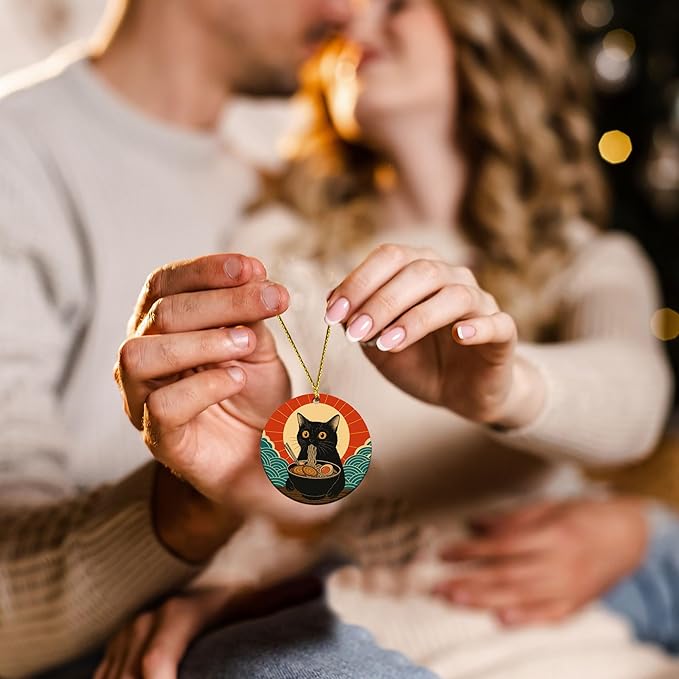 Black Cat Ramen Christmas Ornament - Funny Ramen Japanese Anime Gifts for Women, Men, Cat Lovers - Kawaii Noodle Pet Decor Ceramic Ornament