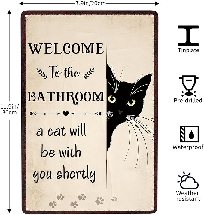 Bathroom Wall Decor, Gifts for Cat Lovers, Welcome to the Bathroom Art Sign, Funny Metal Cat Signs for Bathrooms Restrooms Toilet Powder Room 8 X12 Inch