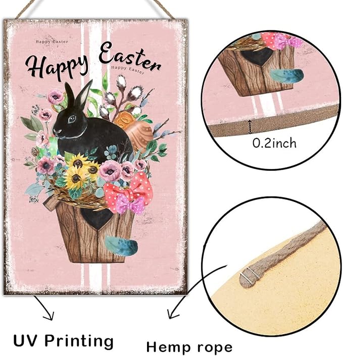 Happy Easter Flower Basket Bunny Home Wall Art Plaques French Style Floral Pink Stripes Wall Art Decor Sign Spring Farmhouse Decor Easter Bunny Wall Decor Sign for Bedroom 8x12in