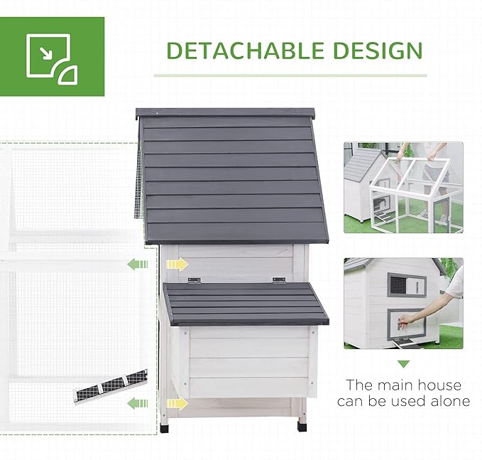 PawHut 65" Chicken Coop Wooden with Detachable Run, Outdoor Chicken House Poultry Cage Hen with Nesting Box, Removable Tray, Roosting Bars, Ramp, for Garden Backyard, Gray